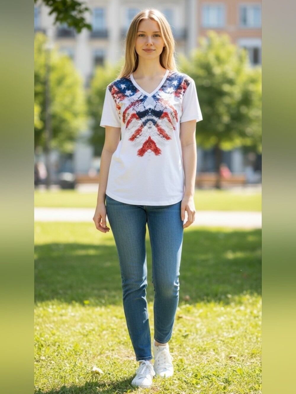 Just Cavalli V-Neck Tee with Red, Blue and Beige Flag-Inspired Print Size M